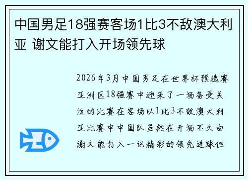 中国男足18强赛客场1比3不敌澳大利亚 谢文能打入开场领先球 中国男足18强赛客场1比3不敌澳大利亚 谢文能打入开场领先球