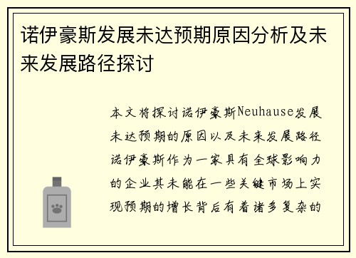 诺伊豪斯发展未达预期原因分析及未来发展路径探讨