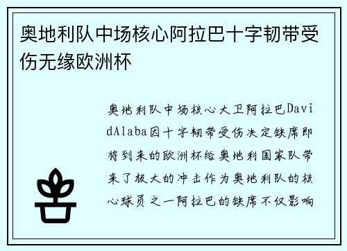 奥地利队中场核心阿拉巴十字韧带受伤无缘欧洲杯